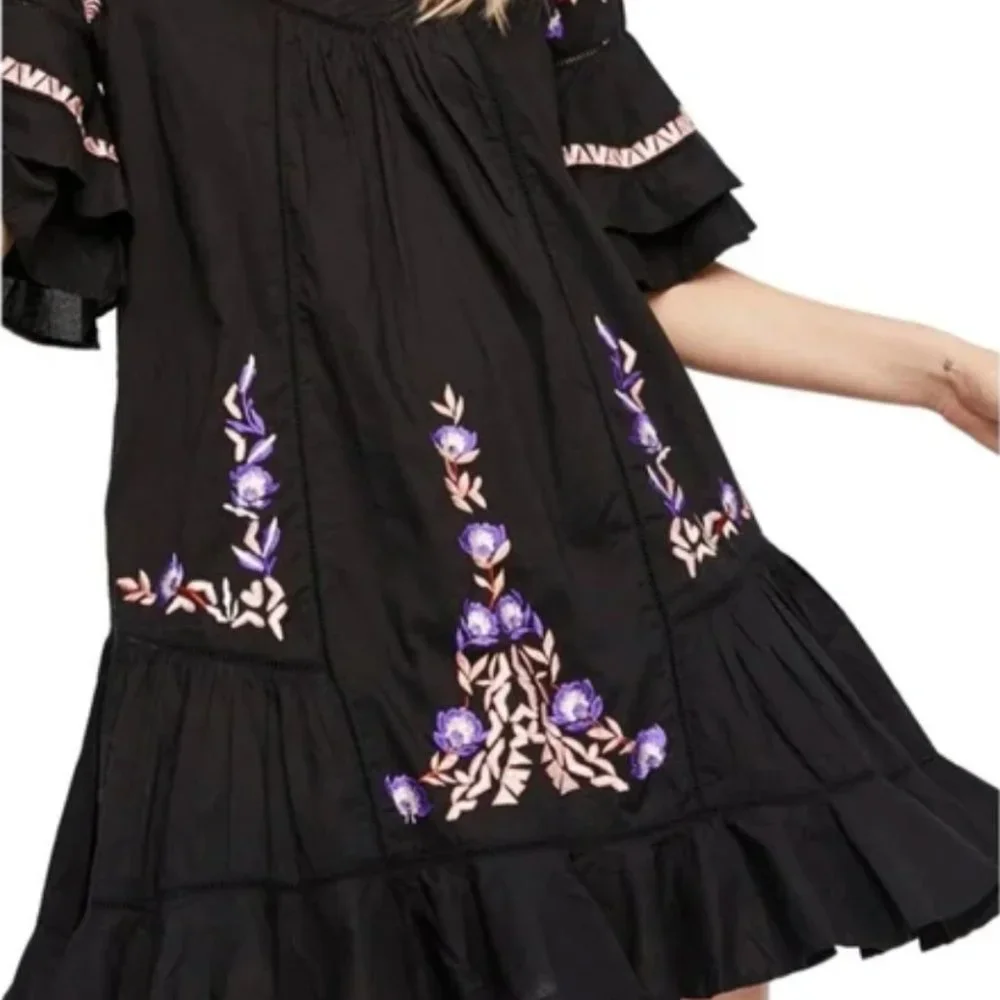 Free People Pavlo Ruffle Mini Dress Black Embroidered - Picture 3 of 4